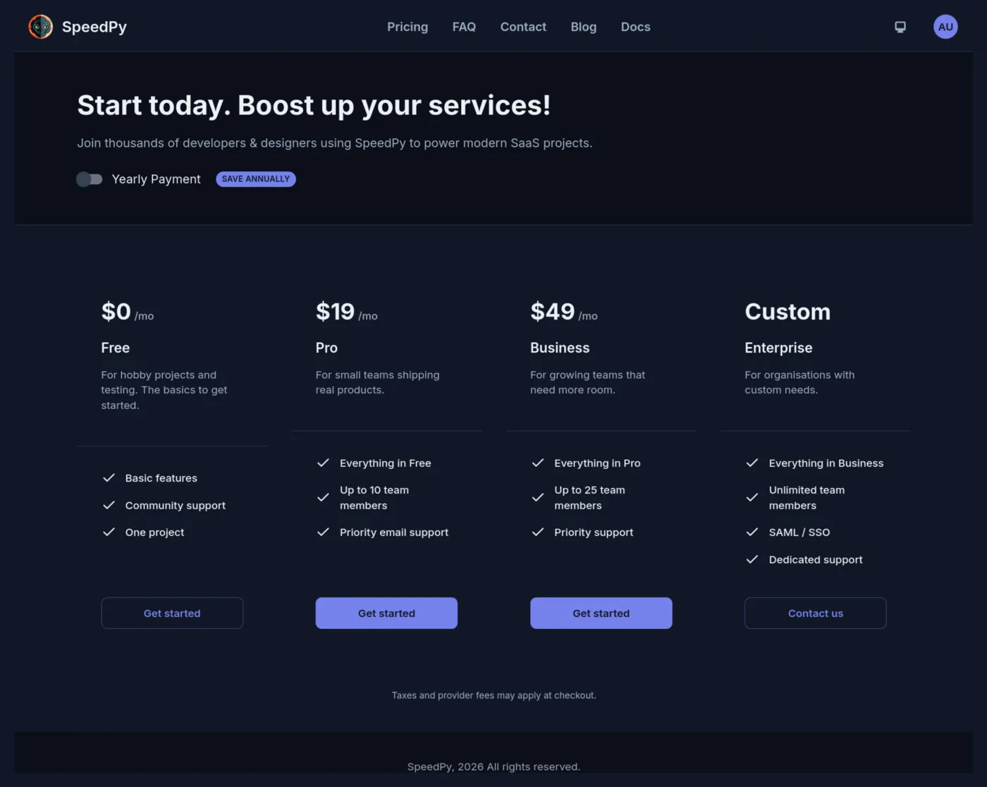 SpeedPy pricing and subscription screen